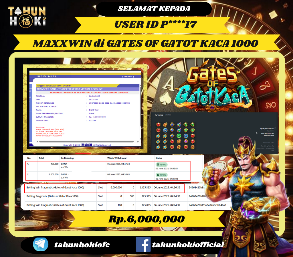 TAHUNHOKI MENANG GATES OF GATOT KACA 1000 PRAGMATIC PLAY Rp. 6,000,000,- LUNAS