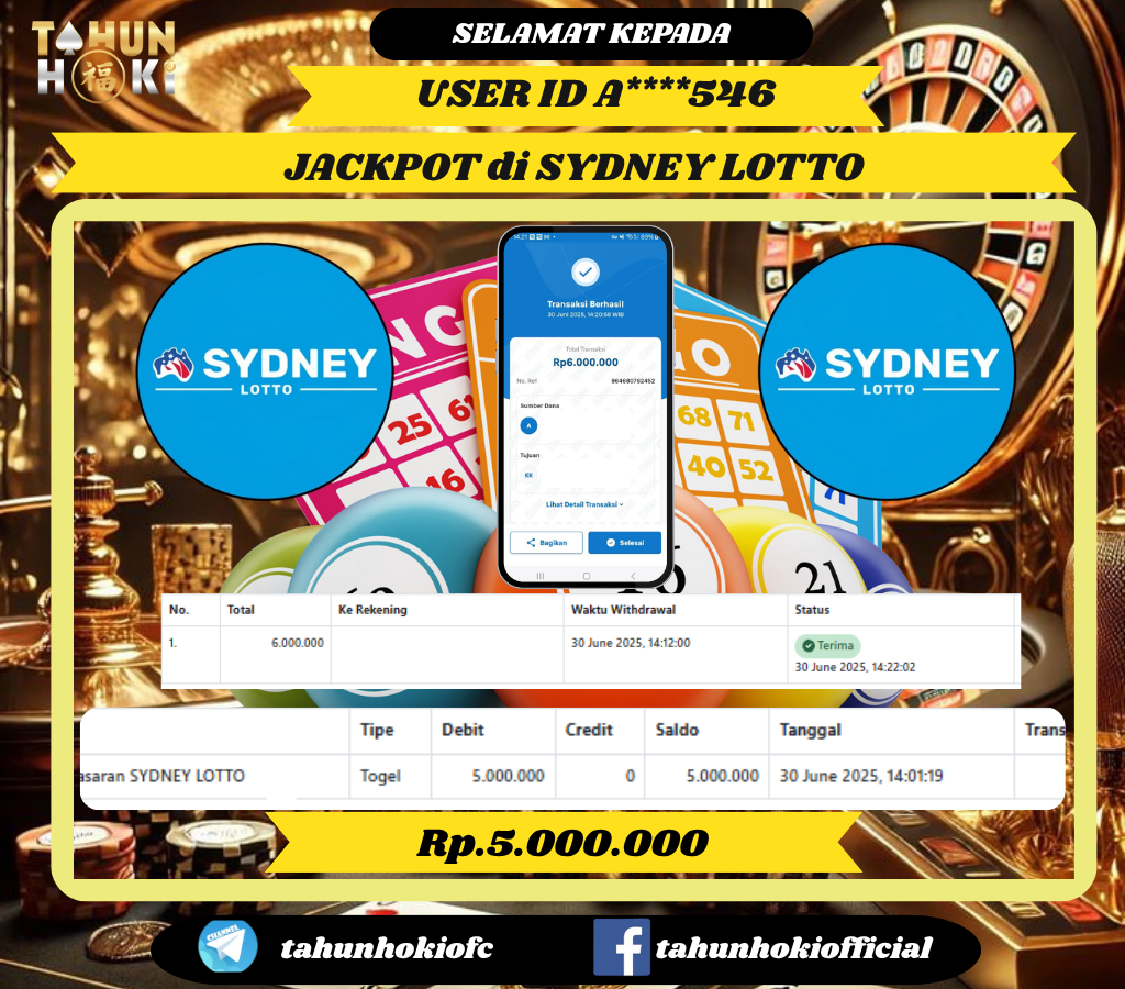 TAHUNHOKI MENANG TOGEL SYDNEY LOTTO Rp. 5,000,000,- LUNAS