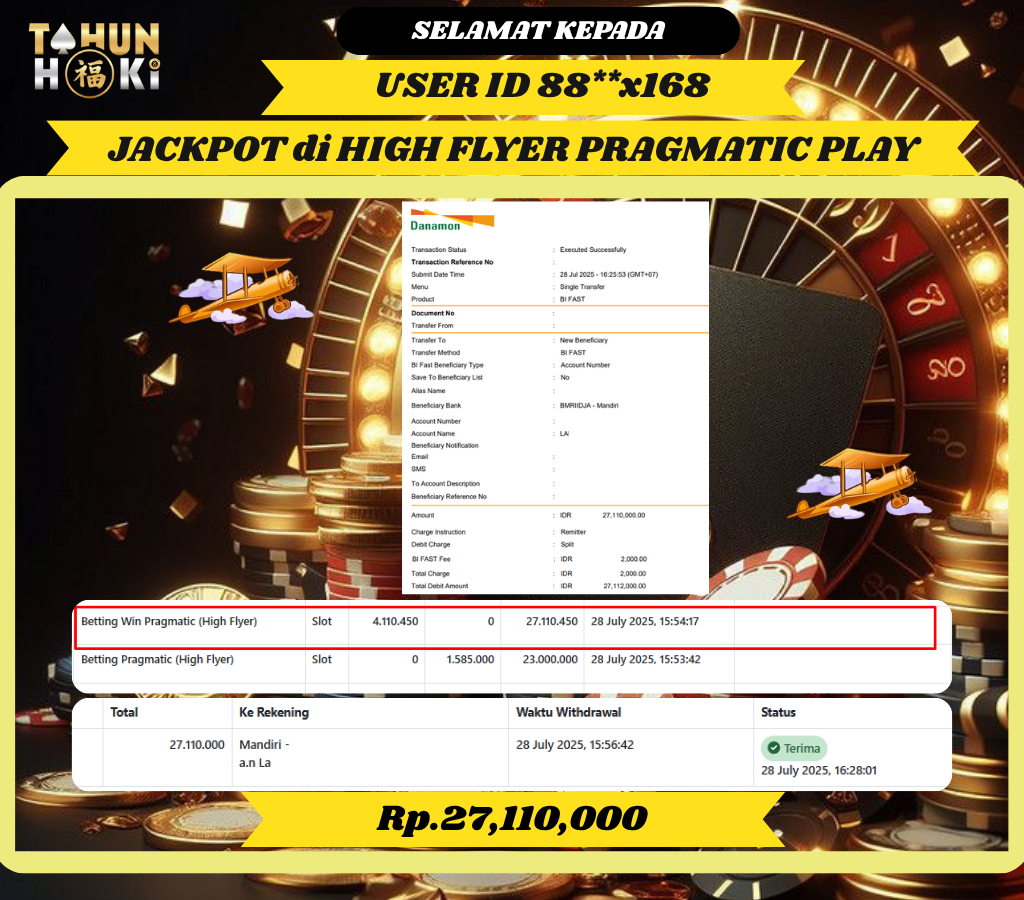 TAHUNHOKI MENANG LIVEGAMES HIGH FLYER  PRAGMATIC PLAY Rp. 27,110,000,- LUNAS