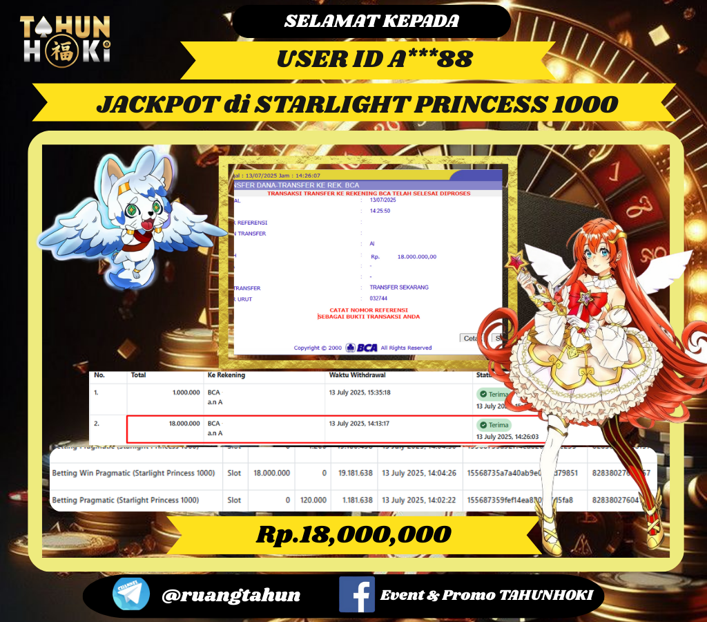TAHUNHOKI JACKPOT STARLIGHT PRINCESS 1000 Rp. 18,000,000,- LUNAS