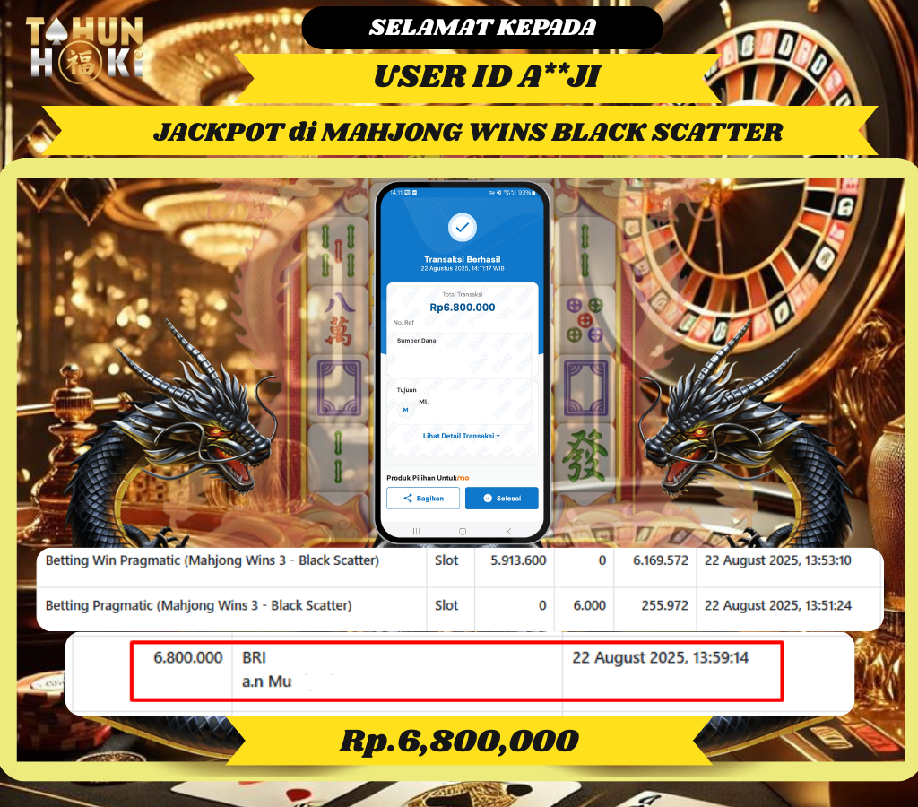 TAHUNHOKI JACKPOT MAHJONG WINS BLACK SCATTER PRAGMATIC PLAY Rp. 6,800,000,- LUNAS