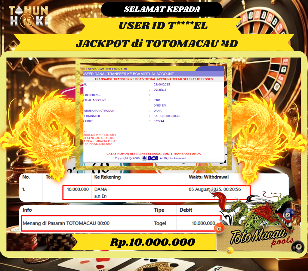 TAHUNHOKI MENANG TOGEL TOTOMACAU 4D Rp. 10,000,000,- LUNAS