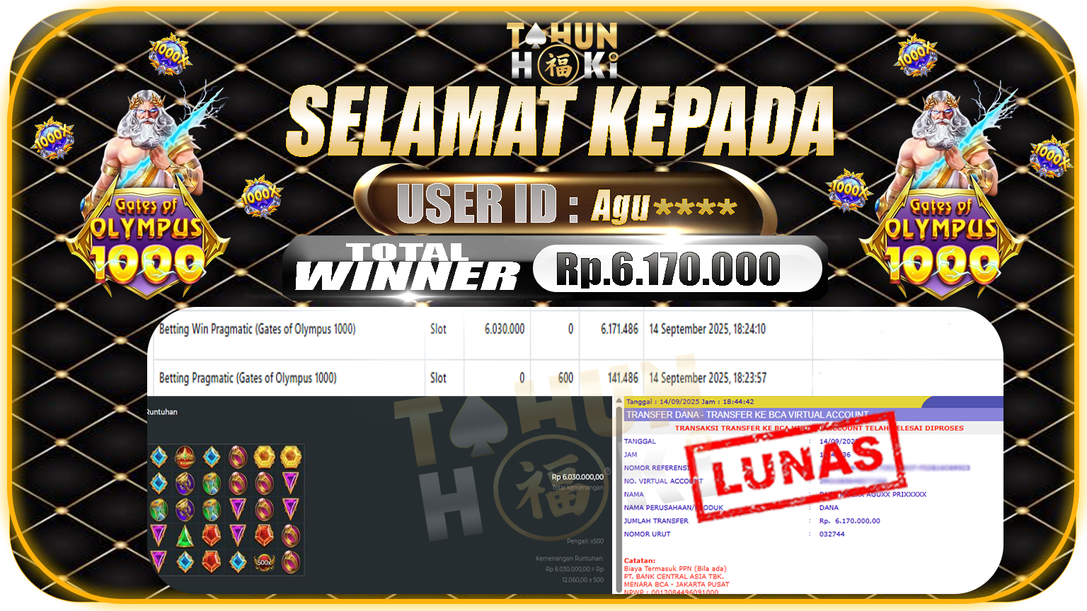 TAHUNHOKI JACKPOT GATES OF OLYMPUS 1000 PRAGMATIC PLAY Rp. 6,170,000,- LUNAS