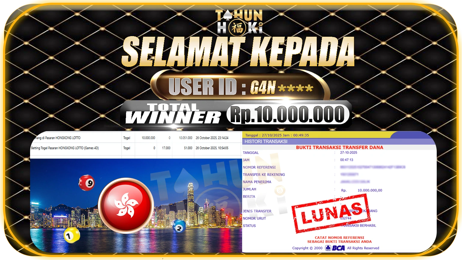 TAHUNHOKI JACKPOT TOGEL HONGKONG LOTTO Rp. 10.000.000,- LUNAS