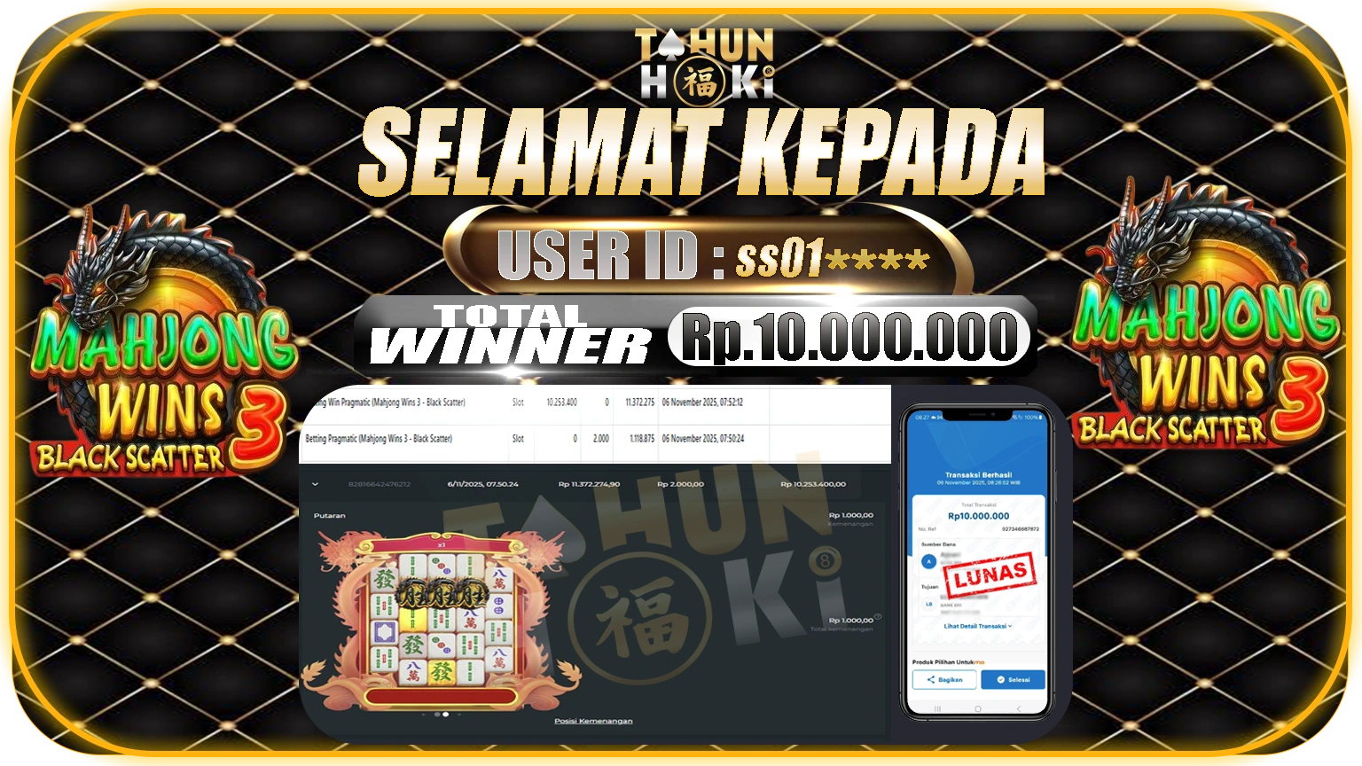 TAHUNHOKI JACKPOT MAHJONG WINS 3 BLACK SCATTER ~ PRAGMATIC PLAY Rp. 10.000.000,- LUNAS