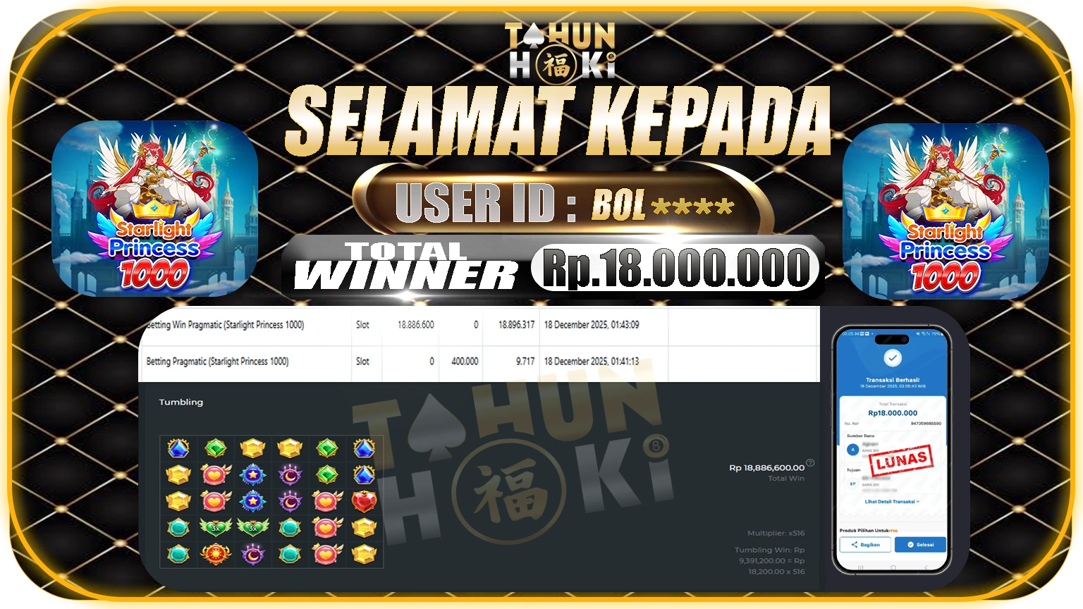 TAHUNHOKI JACKPOT STARLIGHT PRINCESS 1000 – PG SOFT Rp. 18.000.000,- LUNAS