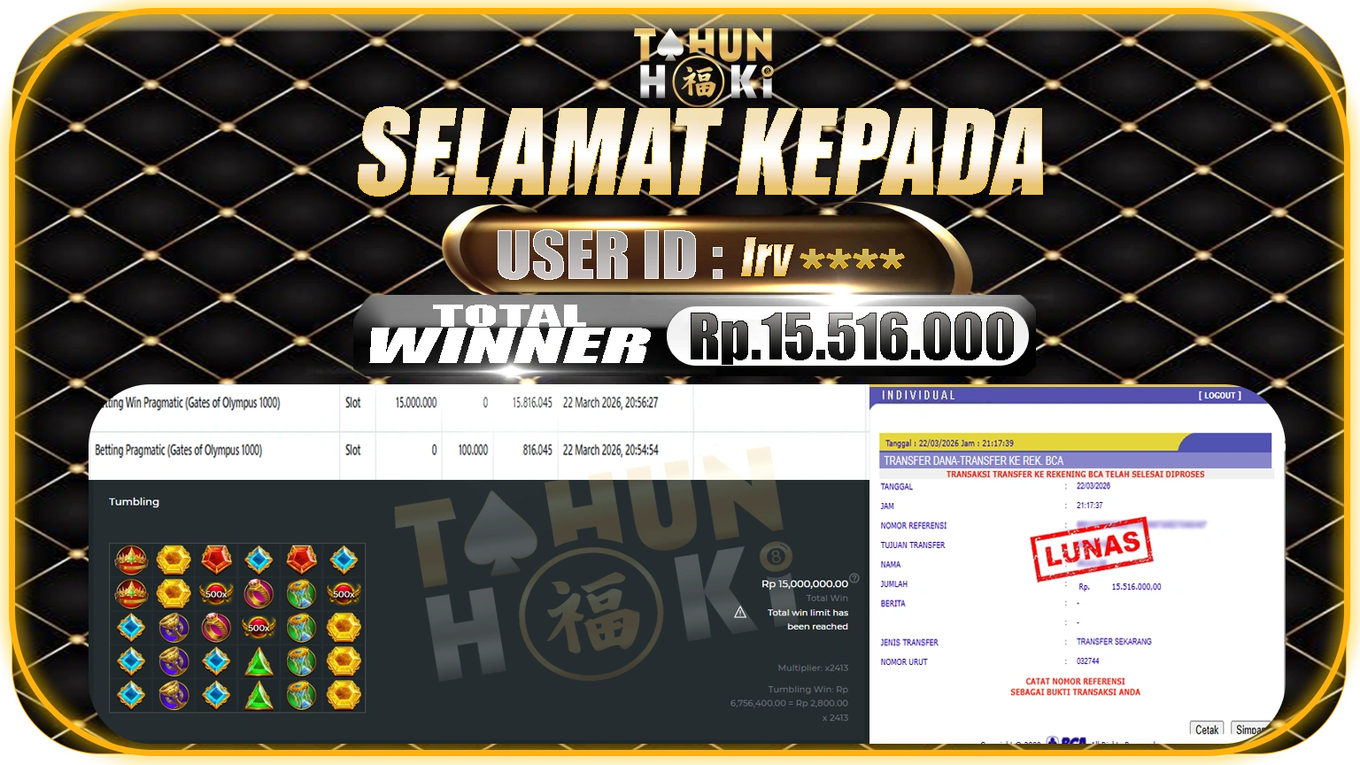 TAHUNHOKI JACKPOT GATES OF OLYMPUS 1000 – Rp. 15.516.000,- LUNAS