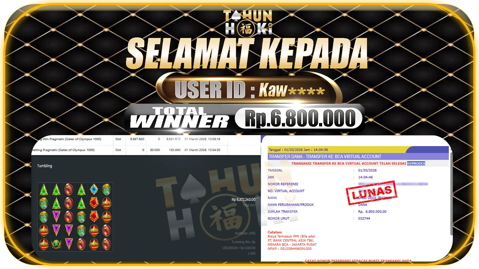 TAHUNHOKI JACKPOT PRAGMATIC PLAY GATES OF OLYMPUS 1000 – Rp. 6.800.000,- LUNAS