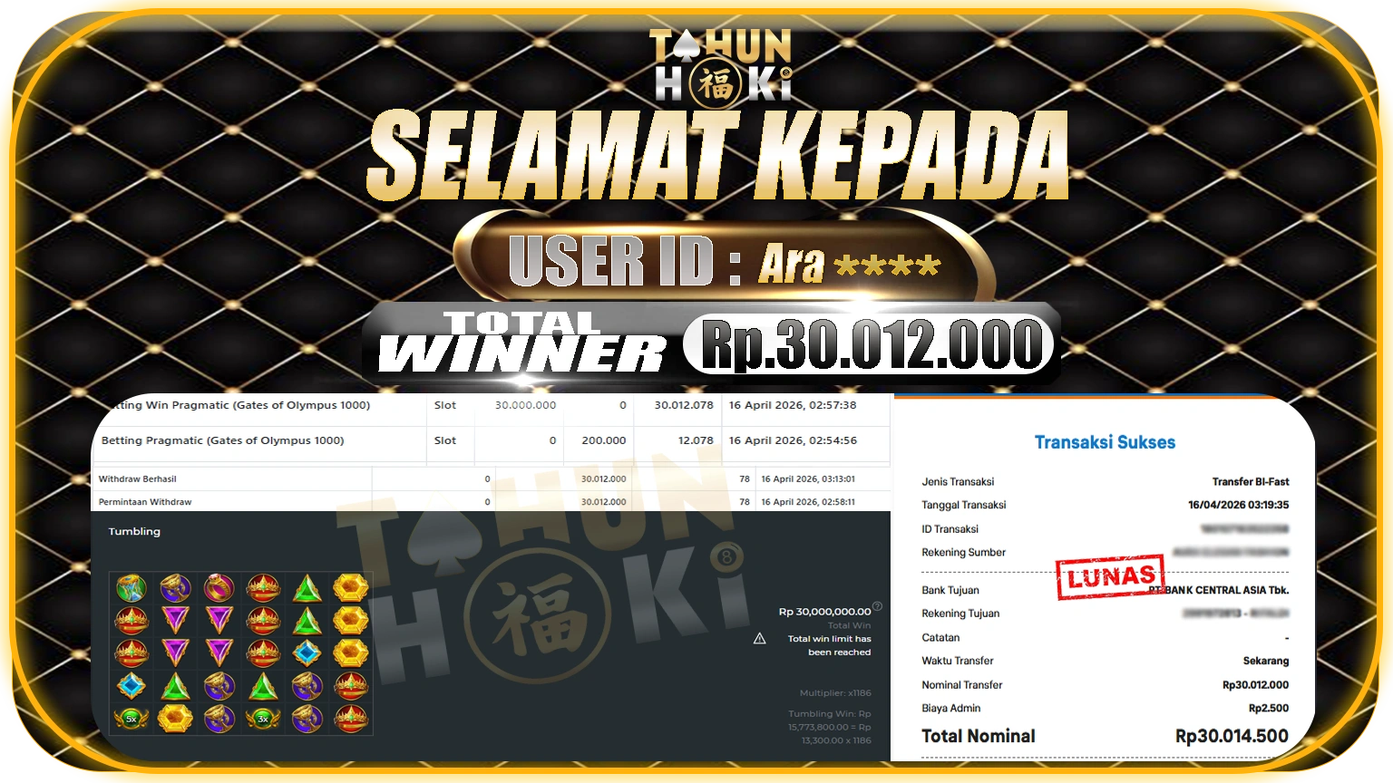 TAHUNHOKI JACKPOT PRAGMATIC PLAY GATES OF OLYMPUS 1000 – Rp. 30.012.000,- LUNAS