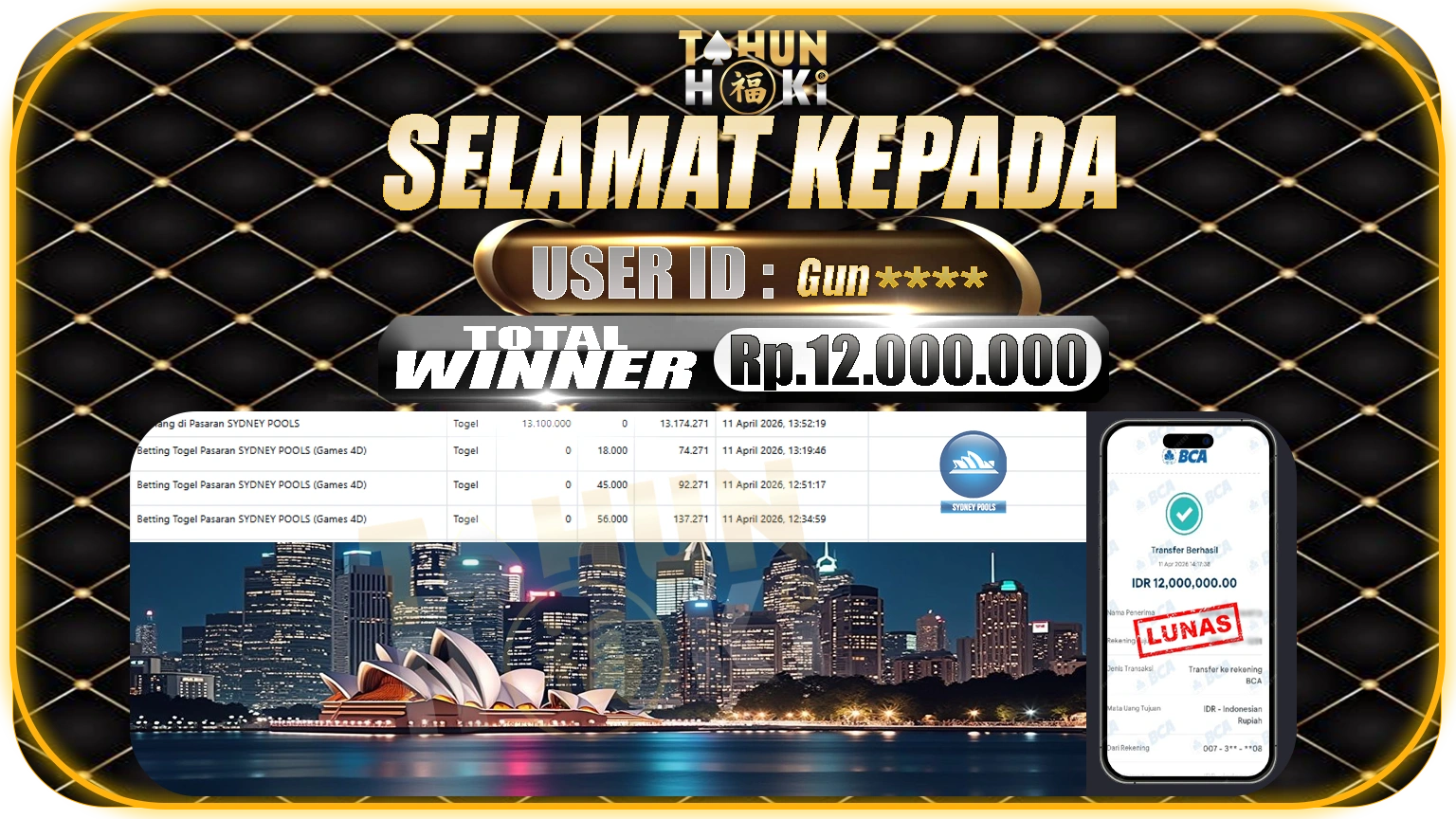TAHUNHOKI JACKPOT TOGEL SYDNEY POOLS – Rp. 12.000.000,- LUNAS
