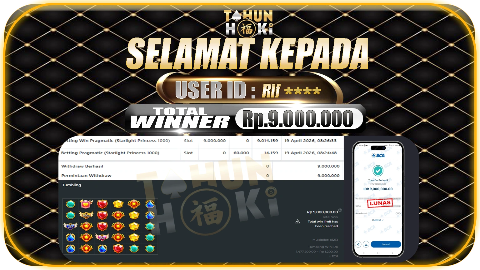 TAHUNHOKI JACKPOT PRAGMATIC PLAY STARLIGHT PRINCESS 1000 – Rp. 9.000.000,- LUNAS